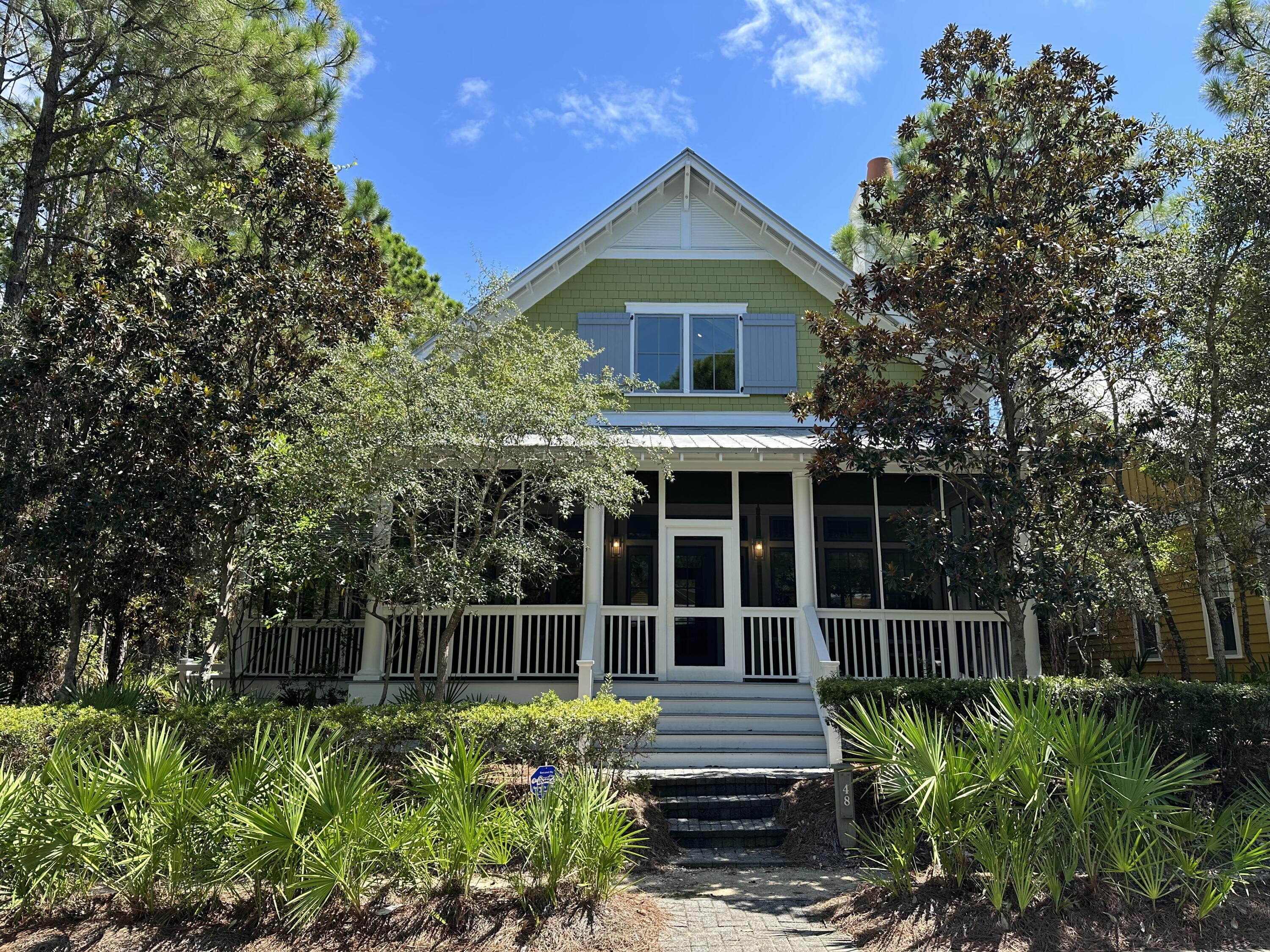 This delightful Florida cottage, offered fully furnished boasts of 3001 square feet, 4 bedrooms, 4.5 baths. Enter this Exceptional Architecture and be swept away by the Australian Cypress floors and vaulted ceilings throughout the 'Great Room'. Relax with family in the den by the beautiful fireplace. The gourmet kitchen features an oversized island, separate breakfast bar, GE Monogram stainless appliances & pristine granite counter tops. Located in the Pine Crest neighborhood of Phase 2, it is uniquely nestled against the Nature Preserve. The north side screened porch faces the woods & the front porch opens to the green courtyard. Delight in the full size, 2 car Garage for parking the cars or Golf cart. Perched above garage, is the Carriage house offering privacy for family or guests. The placement of 48 Tall Timber puts it within steps of all the fabulous Communities such as Seaside, Seagrove or a bike ride to Grayton Beach or Blue Mountain.  

WaterColor is a 30A Beach Resort & Residential Community. 
Its location is along the Emerald Coast and it centrally engulfs Western Lake which is among one of the few rare Coastal Dune lakes in the world.  WaterColor offers the full-service Beach Club & 3 gulf front pools as well as 4 others. 
The Best in Family fun is Camp WaterColor offering 3 pools & The Lazy river . 
Watercolor offers numerous trails for hiking &  biking, visit the town center, tennis center or spend your afternoon kayaking & paddleboarding at the BoatHouse. 

 