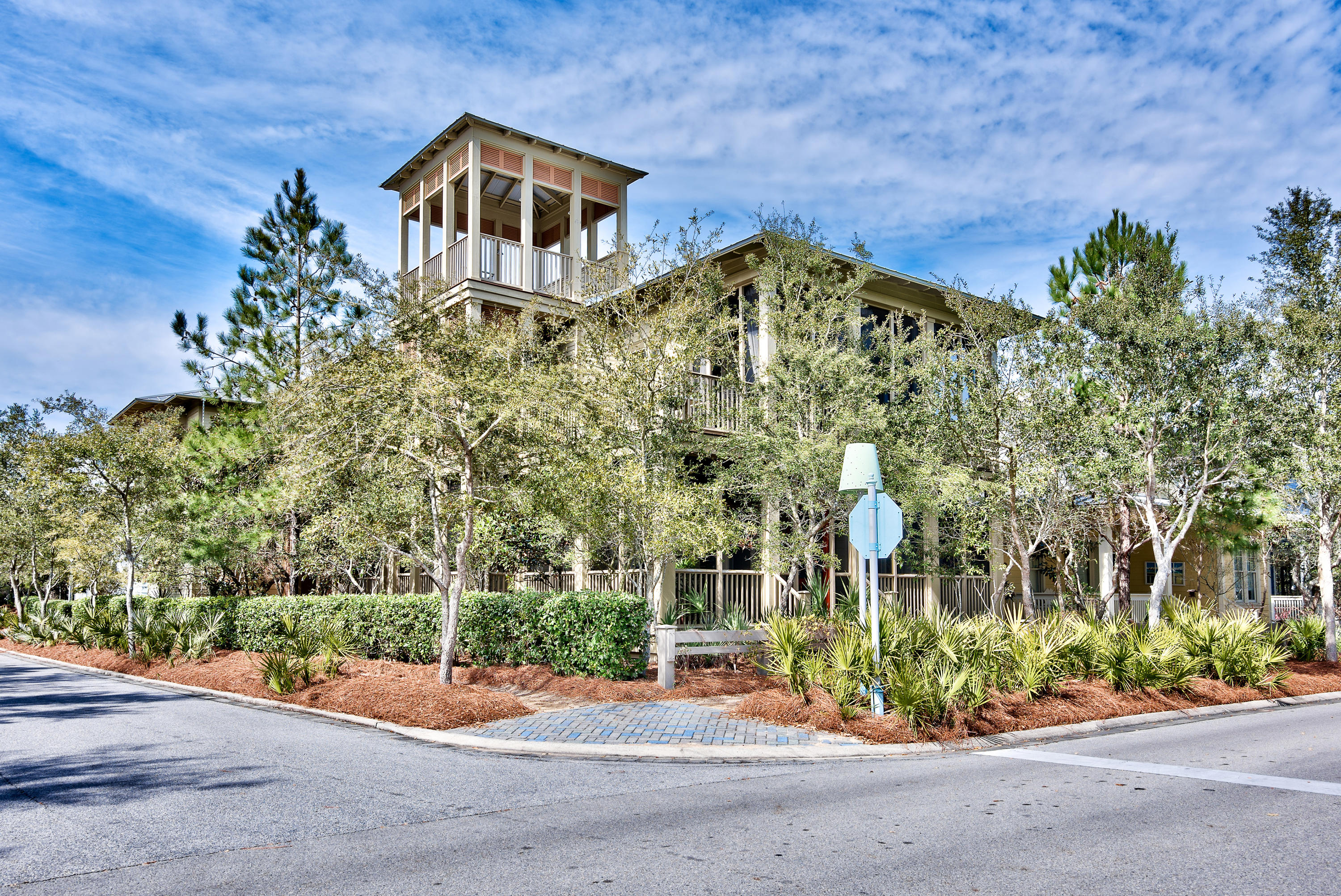 PERFECT LOCATION! A charming two story cottage located in the front of Phase I, just a short walk to the beach and the beach club. This house is covered with porches and a third floor open air tower and amazing outdoor space. The second floor living/dining/kitchen is open in design and a perfect space to gather your family for vacation entertaining. The house is being sold fully furnished and is designed in a serene, livable French Country. Two car garage, gorgeous carriage house and the most charming courtyard... a must see!! Buyer to verify all dimensions.