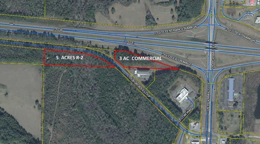 Inputted in MLS for comp purposes only.the 3 acre +- portion of the subject property that sits N of Coy Burgess Loop is zoned Commercial. The southern 5 acres +- sitting south of Coy Burgess Loop is zoned R2