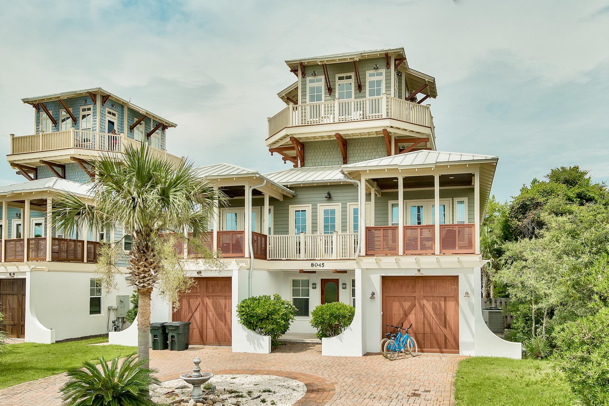 Gulf Views abound from this three story home! Expansive decks on level two and three. 5 bedrooms and huge open living/dining space. French doors and 180 degree views from level three. Hardwood floors on two and tile on level one. Private pool and nice sized backyard and patio for outdoor entertaining. Plenty of parking out front and beach access across 30A with a crosswalk just one lot west.