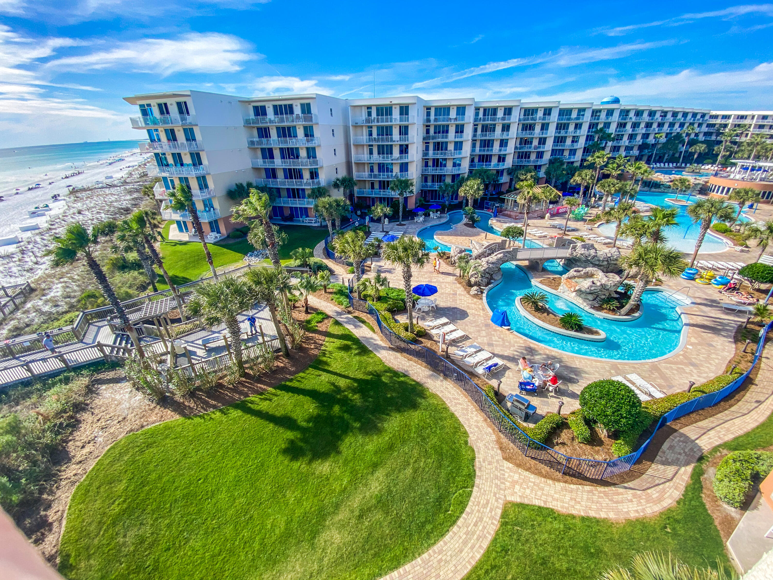 ACT QUICK! RARE Waterscape PENTHOUSE OFFERING on mkt ONLY for LIMITED time for sellers 1031 exchange! Primo SOUTH END TOP 6th FL S/SE location A601 Waterscape! #1 family resort on Okaloosa Island. Largest floorplan 10' ceilings; this sprawling unit offers magnificent views from fl to ceiling glass doors of the sugar sand beach & sparkling Gulf waters + the Okaloosa Isl. Pier from LR,DR, Kitchen, 2 gulf front Brs; 2brs w/K beds;3rd,Q,Full; 2 w/ensuite baths; Hall bunks-Sleeps 10! Laundry rm; 2 owners closets. New art, new balcony furniture, new hot water htr. Rentals est.$125-150K+.yr. Areas best amenities-LazyRiver, kiddie park, zero edge pool w/waterfall, fitness ctr, gas grills, covered parking, heated pool and much more! Own the #1 Best of Waterscape! Rentals to convey to new owner.