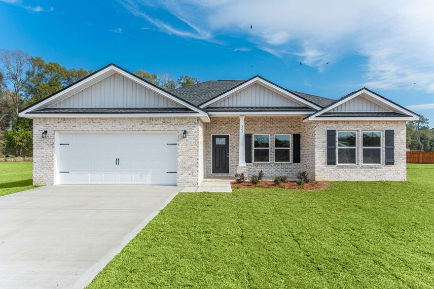 ROOM TO ROAM IN THIS  NEW HOME-1.55 ACRE -All brick construction with cozy front porch and covered rear porch.  Open floor plan boasts raised ceilings with recessed lighting, ceiling fans in all bedrooms and living room.  Foyer leads you to family/kitchen/dining area, kitchen has white shaker style cabinets, work island with bar seating, pantry and dining area, quartz or granite countertops, owners suite is located right off kitchen & has double vanities, shower and walk-in closet in bath, laundry room, additional bedrooms are good size, additional bath has double vanities as well.  Luxury vinyl plank in all common areas, carpet in bedrooms.  Home can be completed 90 days from acceptable contract, call for details on seller contributions.