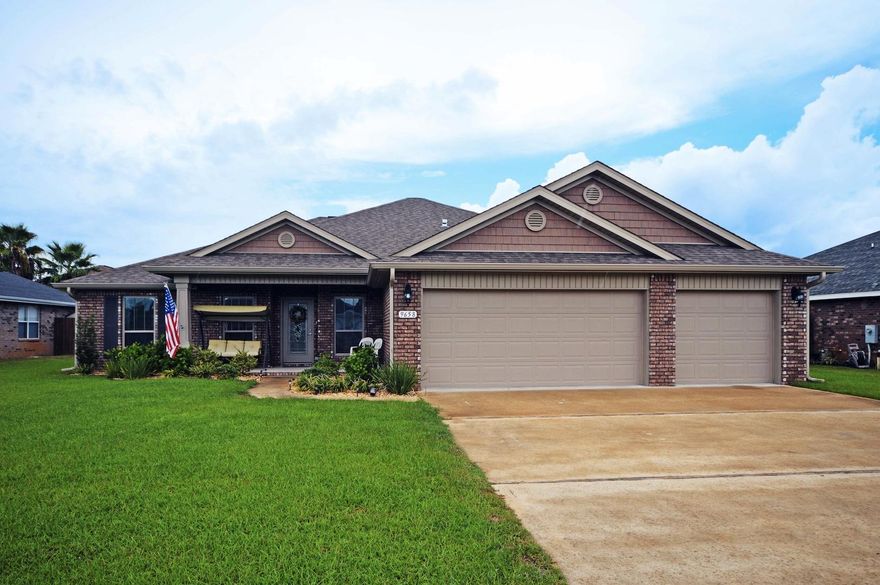 Exceptional all brick construction, 2370 sq. ft. 4 bedroom, 2.5 baths contemporary with open and split floor plan. Interior features: The kitchen opens to the great room with large center Island with sink, granite counter-tops, stainless steel appliances, tile floors, large pantry, upgraded carpeted throughout except for wet areas, baths have upgraded fixtures, designer faucets, formal dining room and large eat-in dining area. The master suite has boxed ceiling, double vanity, cultured marble vanity, designer faucets, private water closet, Garden Style tub and tile shower built Handicap accessible, and 2 large walk-in closet. One Bedroom used for an office. All windows have 2'' faux wood blinds which convey with the property, curtains do not.