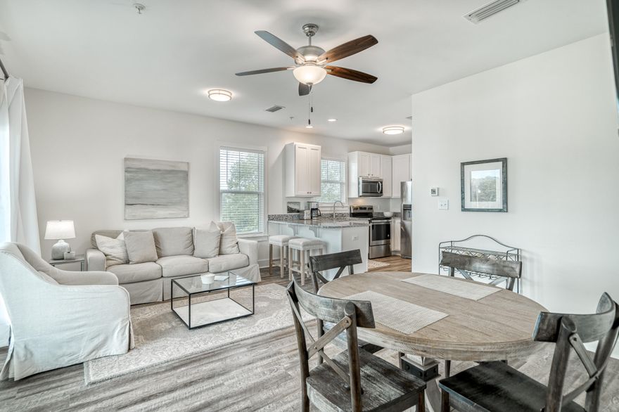 Enjoy the 30A lifestyle in this luxury residence in coveted Blue Mountain Beach. This top floor corner unit in Hidden Lake has never been rented and offers wonderful views. The 3BR/2B floorplan features 9' ceilings and granite counter tops in kitchen and baths. This complex was built in 2020, and offers a community pool and fitness center, low HOA, and plenty of parking. Located on 30A, you are within easy walking distance to two different public beach access points. as well as Gulf Place Town Center and numerous restaurants and shops.  This condominium makes an ideal residence or rental.
