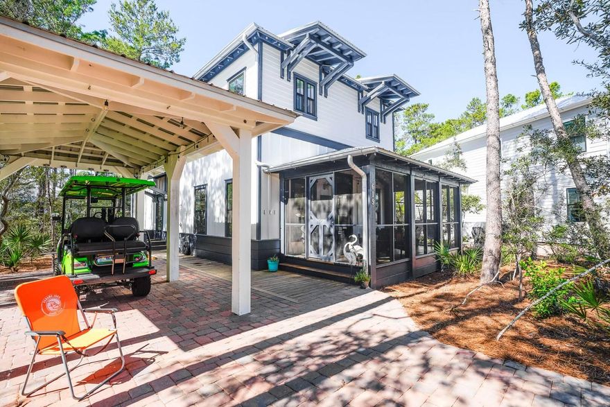 Welcome to 619 Patina Boulevard, a stunning beachside retreat located in the charming community of Magnolia Cottages, hailed as the Watercolor of the East End for its Deeded beach, private streets, tranquil trees and trails, backing up to the State Forest. This exquisite home offers a perfect blend of luxury, comfort, and coastal living, featuring 4 bedrooms, 4.5 bathrooms, and 2160 square feet of beautifully designed living space.

Key Features:
**Prime Location:** Located on one of the largest lots in the entire community, 619 Patina offers unmatched privacy. Directly across the street, you will find the community pool, giving you the perfect blend of privacy and proximity to amenities. Centrally located, this home is just a short walk to the Deeded, pristine white sand beaches as well as the thriving communities of Alys and Rosemary Beach.

**Flexible Living:** Upon approaching the home you will find a generous carport and parking with the included golf cart outside. Walk through the screened porch, into the open floor plan complete with first floor master bedroom and ensuite bath.

Upstairs you will find a secondary master with ensuite, outdoor shower, a bunk room with ensuite, and secondary bedroom with its own ensuite.

Whether you are looking for a lucrative rental, or simply a primary or secondary home, don't miss out on one of the nicest homes in Magnolia Cottages by the Sea.