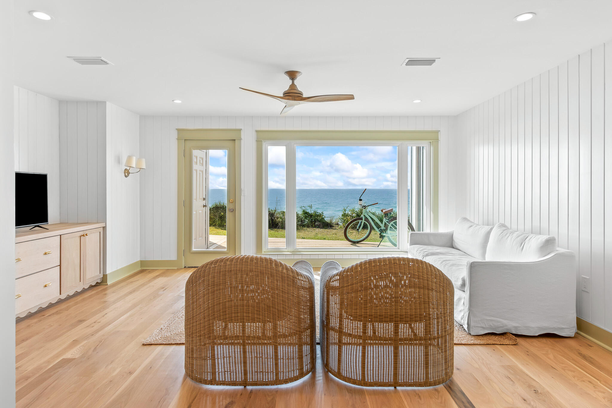 Situated on the highest bluff on the Gulf of Mexico at 65 ft' providing some of the best views on 30a along with private beach access for just you and the 18 other owners at Sea Bluffs. This unit provides a quiet secluded beach House In the heart of Blue mountain Beach year round. Featuring 2 over sized bedrooms with a bunk Room giving you the ability to sleep 10. This completely remodeled unit was extremely well thought out with top of the line finishes throughout. This unit has Custom Cabinetry throughout, Marble countertops and floors in master bath. Solid White Oak Floors throughout the house, soapstone counters in the kitchen, V groove and Shiplap Walls, Moroccan Zeilege tile. The furniture and fixtures from arteriors, Rejuvenation, visual comfort, poetry Barn, Anthropolog