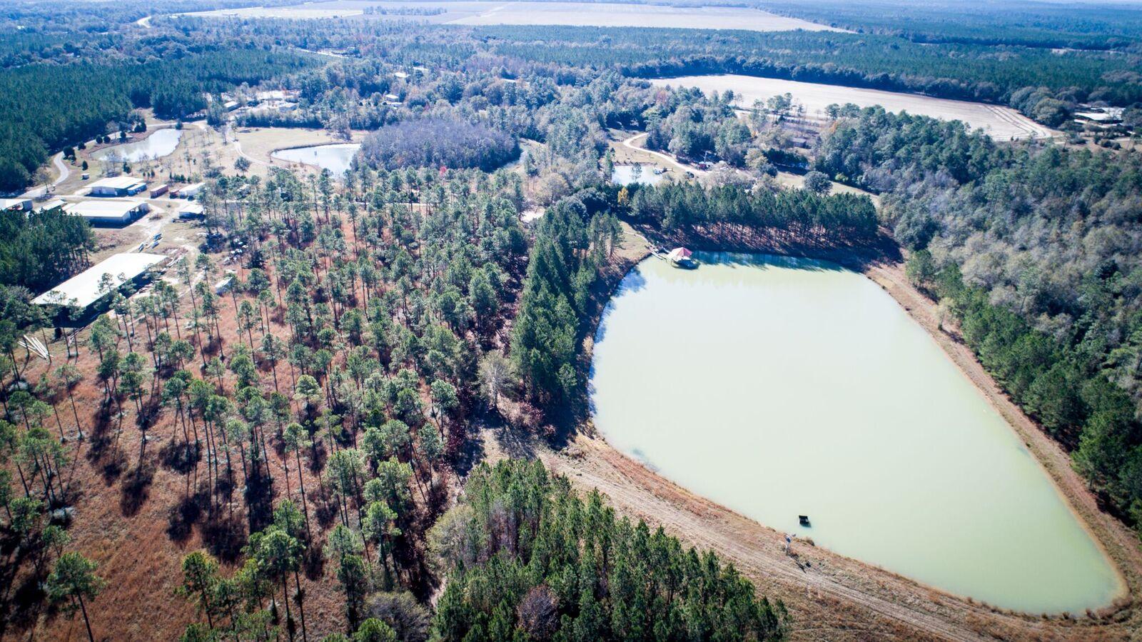 Beautiful 32 acre groomed private estate; two ponds, 5.2 Acre and a -1/2 Acre pond with covered gazebo pier, stocked with catfish, bass and bream. 575 Sqft building with bathroom, plus detached covered patio for entertaining. Massive pole barn 160'L x 60'W x 24'H, pump house with deep water well. If you love nature, you find deer, turkey and other wild life roaming this property. Turn this peaceful estate into your homestead, ranch or equestrian. This is a one of kind piece of property come see for yourself.The land is currently land locked. Owner is in the process of acquiring 1.25 acres to enter the land from Hidden Oak Rd.