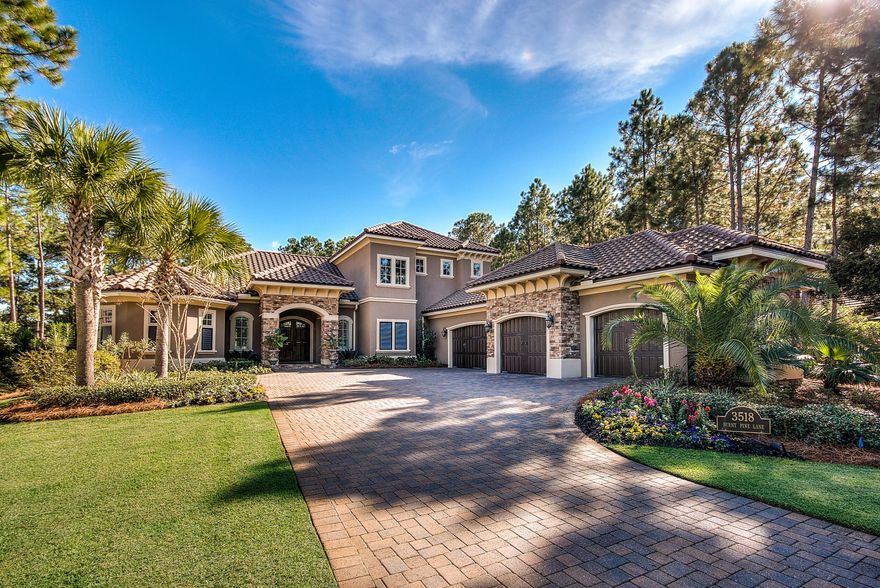 WOW... Looking for a truly great home, look no further. Newly built custom home completed in 2013 located within the double gated community of Arrowhead at Burnt Pine. Personal home of well established highly reputable builder and professional interior designer. This home is perfectly situated on the golf course with tranquil views of the tee box, fairway, and green yet offers ample privacy for entertaining guests outdoors or relaxing by the salt water pool. The large backyard is already fenced so it is perfect for anyone with children or pets. Outdoor covered lanai features the summer kitchen with built in green egg, gas grill, and refrigerator, as well as a wood burning fireplace, and convenient pool bath. A beautiful home, boasting the latest trends in design & interior features.