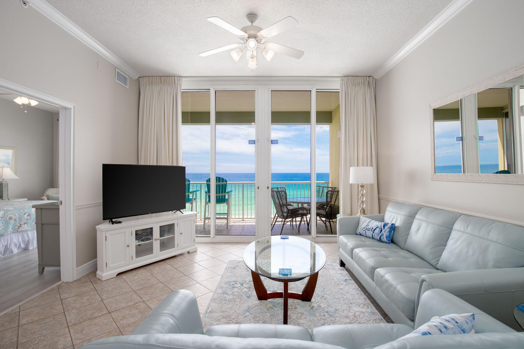 Enjoy 180-degree water views from the balcony of this sixth-floor, three-bedroom, gulf-front condominium. The great room as well as the master bedroom directly overlooks the Gulf of Mexico and accesses the covered balcony. The second bedroom as well as the bunk-ready bedroom have views of the sound and Choctawhatchee Bay. Ten-foot ceilings add to the spacious feeling of this turnkey vacation rental, furnished in a coastal style. Porcelain tile adorns the main living area and LVP flooring has been installed in all three bedrooms. Granite countertops in the kitchen with stainless steel appliances, and a new stacked washer and dryer. Condominium #605 is located steps away from the west-end elevator bank. The Water's Edge complex on Okaloosa Island has two beachfront pools, making it popular