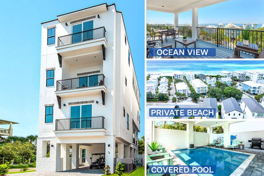 Short term rental powerhouse featuring a brand new 2024 build with 7 bedrooms each with private baths, multiple living spaces, private seasonally heated pool, and massive 16 person sleeping capacity to maximize revenue.Designer furnishings, professional photography and full inventory to convey for immediate revenue generation.Private gated 30A beach access ensures high occupancy. Includes a free six-seater golf cart for added guest appeal.Designed from the ground up to ensure easy, low cost maintenance and best possible yield.