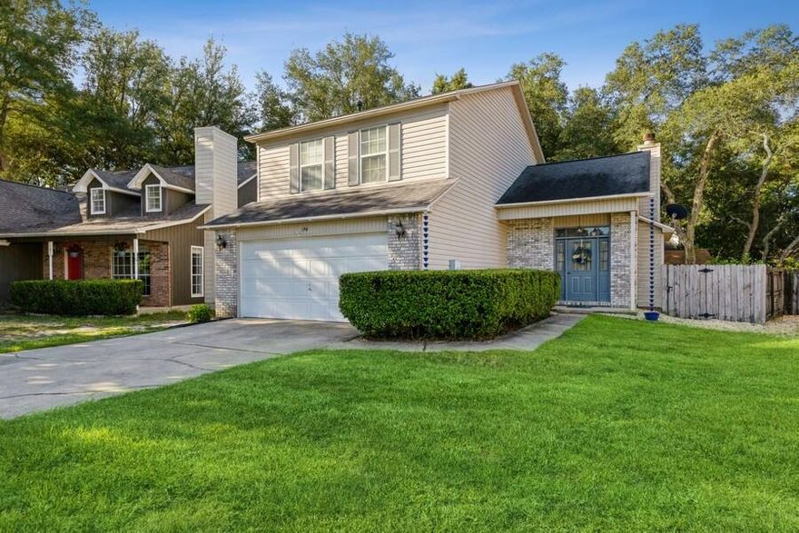 Well maintained and move in ready 3 bedroom, 2.5 bath located in the Bluewater Bay community of Indigo Village. This home has a large living room with hardwood floors, cathedral ceiling, wood burning fireplace, and upgraded sliding glass doors. Kitchen is complemented, newer appliances, tile flooring, breakfast nook and a nice size pantry. Master suite has walk in closet, new dual sink vanity, upgraded tile work and lighting.  Large additional bedrooms share a Jack and Jill bath with upgraded vanity and lighting.  Nice sized back yard with large patio, 12x16 shed and plenty of room for a playset or pool.  Roof and A/C system were installed in 2013.  This fantastic home is close to everything, Shopping, Bluewater Bay Elementary and Mid Bay Bridge.  Buyer to verify all dimensions.