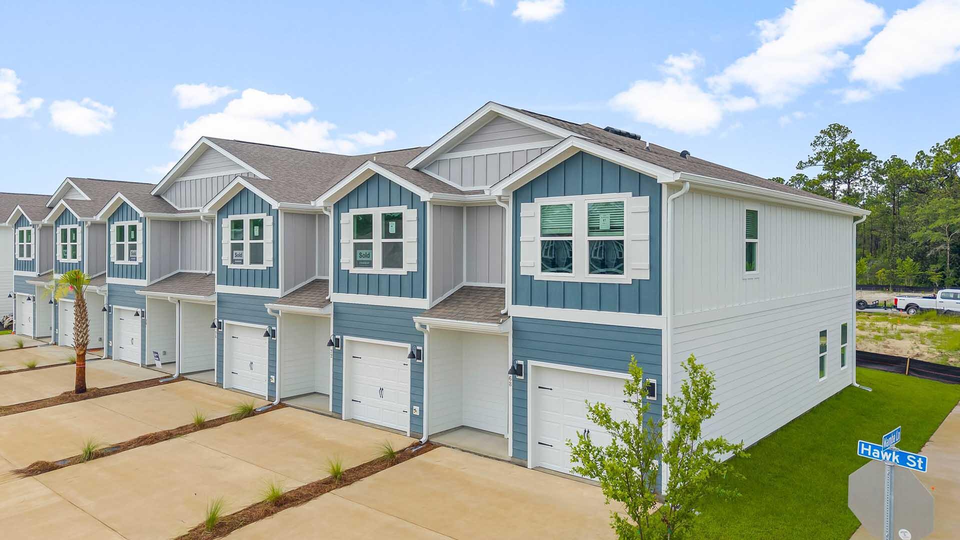 Welcome to 65 Mamba Lane, a new townhome located at Hawk's Landing in Santa Rosa Beach, Florida. This two-story townhome is under construction and has 3 bedrooms, 2.5 bathrooms and is an end unit. As you enter this home you will find EVP flooring in the foyer leading to the expansive open-concept kitchen, living, and dining area, designed for entertaining and everyday living. The kitchen is open and spacious with a center island. The kitchen features quartz countertops and premium stainless appliances including a smooth top stove, microwave and dishwasher. The living area is well illuminated with exterior windows and a glass door leading to the back patio. The first floor is heart of this home, while the privacy of the second level holds all bedrooms, ensuring a quiet retreat. The primary bedroom has a generous size closet and a private bathroom with dual sink vanity, and ample linen storage, and a large shower. Additional bedrooms share a hall bath, creating a comfortable space.
A Smart Home Technology Package comes standard, featuring a Qolsys IQ touch panel for thermostat and lighting control, ensuring security and convenience with keyless entry KwikSet deadbolt. Exterior features of Hawks Landing townhomes are equally impressive, with Hardie?? siding, composite shingle roofing with a 30-year warranty, and thoughtful lighting at the garage, front entry, and back patio. A landscaped front entry adds curb appeal and welcomes you to your very own slice of Florida paradise. Call us today to schedule your tour of Hawk's Landing.