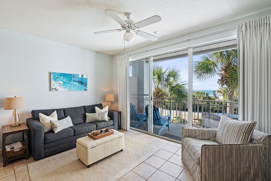 Fantastic 1-bedroom, 1.5 bath Gulf view unit with bunks at Gulf Place Cabanas on the desirable west end of 30A! Gulf Place Cabanas is a low-density, 4-story complex on the right across the street from the beach. You are in a prime location with deeded beach access, nice amenities and in close vicinity many dining & entertainment options as well as the bike trails. This unit is ideally positioned on the 3rd floor offering beautiful views of the Gulf of Mexico. It is being sold fully furnished & recently redecorated with coastal decor and new flat screen TV's (55' in living area). Tile floors extend throughout the unit for easy beach maintenance. The kitchen features stainless steel appliances and granite countertops. The private balcony is the perfect place to relax and take in the views!