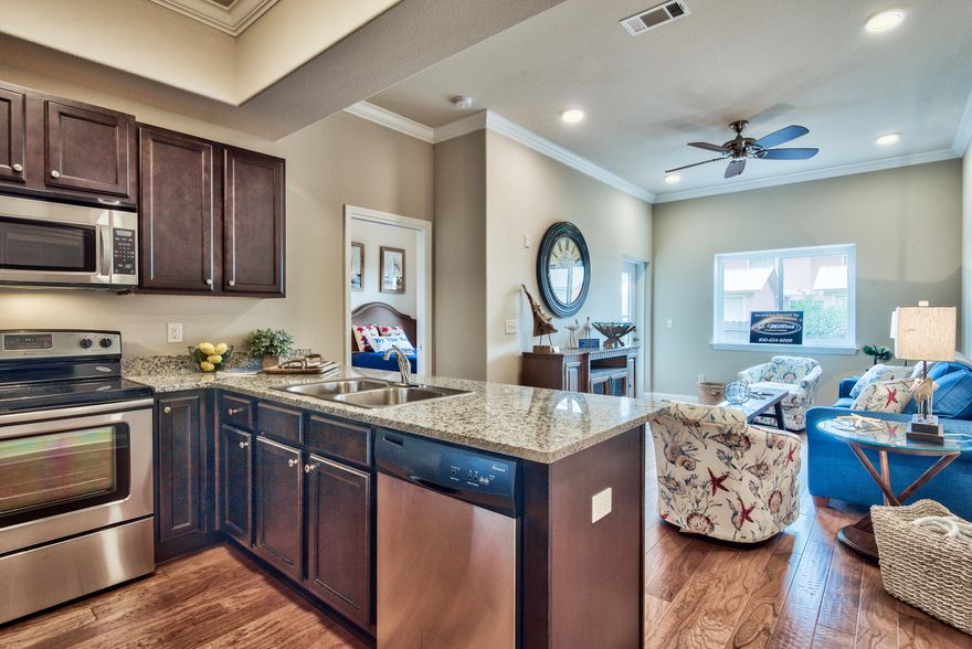 It's Alerio, offering BRAND NEW beach condos. Stroll across the street to the beach via one of the two deeded beach accesses (1 private), or hop in your golf cart for a short ride to shopping, dining and entertainment on Scenic 98 (a.k.a. Old 98).This 2-bedroom condo offers wood floors throughout with tile in baths; 10-foot ceilings; crown moulding in living area; granite countertops in kitchen & baths; stainless steel appliances; washer and dryer; and two-year warranty. An on-site check-in office adds to Alerio's value and security as a vacation rental. Alerio is fenced and gated, with a fabulous heated pool, hot tub, splash pad for kids and outdoor grilling area. Don't miss this unique opportunity to own a vacation rental condo at low pre-completion prices!