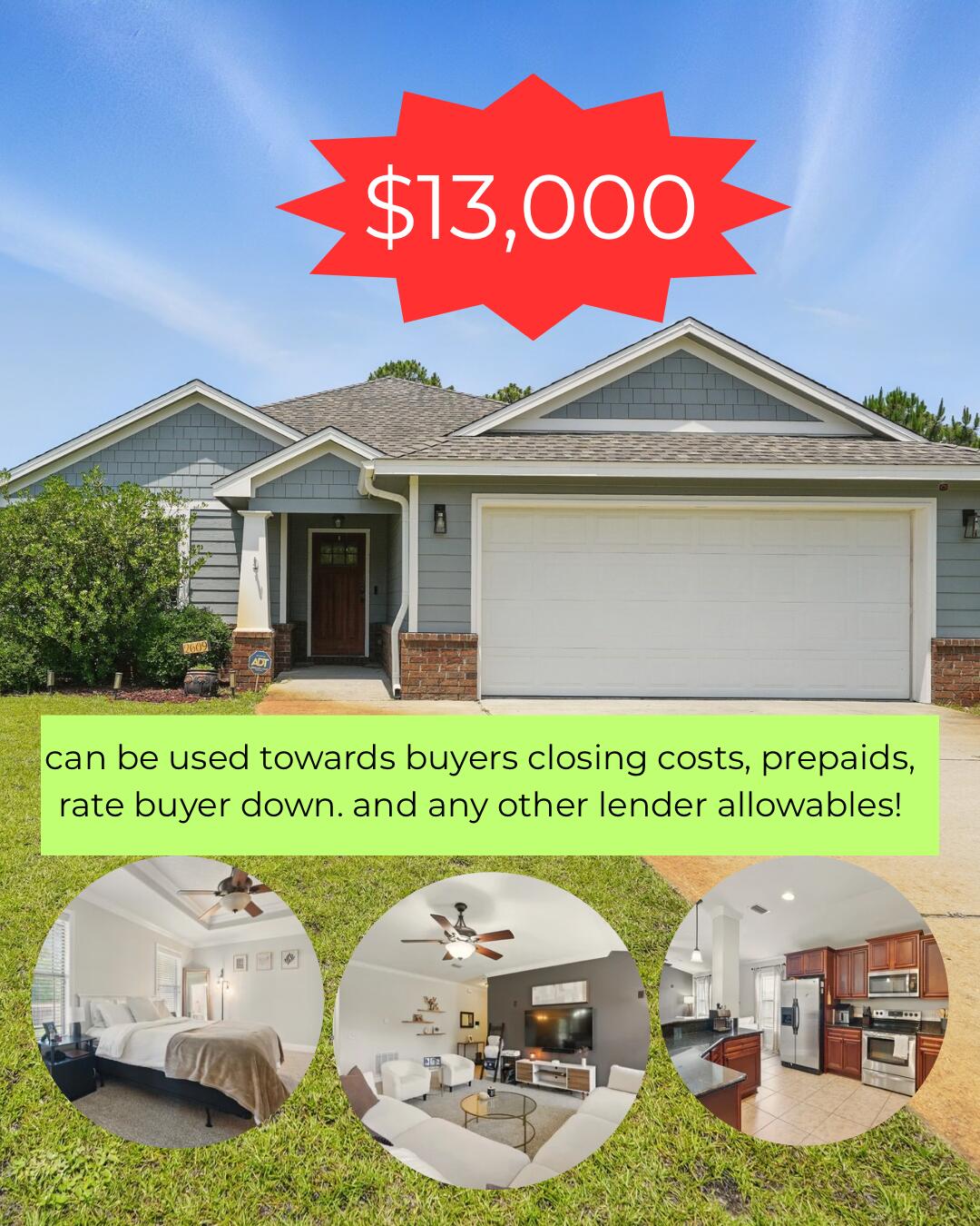 Seller can give up to $13,000 to RATE BUY-DOWN/CLOSING COST No HOA, VA Assumable. CAN CLOSE ASAP. Charming, quiet, and highly desirable neighborhood in East Navarre! This beautifully maintained CORNER LOT 3-bedroom, 2-bath home offers an OPEN FLOOR PLAN with GRANITE countertops, STAINLESS steel appliances, and tile flooring in the kitchen and dining areas.Enjoy Well-maintained carpet install 2 years ago, adding extra comfort to the bedrooms and living space. The spacious master suite features tray ceilings, a large walk-in closet, and a FULLY RENOVATED BATHROOM with a walk-in shower and double vanity. Screened-in back porch and enjoy the privacy of a fenced backyard with nature view. CONVENIENTLY LOCATED just minutes from the beach, shopping, Hurlburt Field.