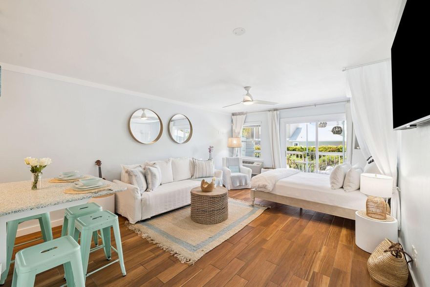 Positioned just 500 feet from sugar-white sands and turquoise waters, this recently renovated Inlet Sands condo offers a chic and effortless escape at the quieter end of 30A. Elevated on the second floor, the light-filled studio features tranquil pool views and a layout designed with both comfort and functionality in mind. In addition to the studio style bedroom, custom hall bunks and a fold-down queen sofa accommodate up to four guests with ease, while blackout curtains ensure restful nights. The kitchen is thoughtfully designed for everything from morning lattes to evening seafood feasts, and a private outdoor lounge makes the perfect spot for sunset cocktails. This boutique space lives large with luxe finishes, an open layout, and flexible dining options both inside and out. A dedicated owner's closet and gated pool access offer the convenience of a larger beach homewithout the maintenance or cost. Beyond the doorstep, a scenic world of sun-drenched adventure awaits: paddle Lake Powell, snorkel Cobia Reef, hike coastal trails in Camp Helen State Park, or stroll to Rosemary Beach for fine dining and boutique shopping. With gross annual rental income exceeding $70,000 and no stairs to the sand, this turnkey condo is equally suited as a profitable vacation rental or personal seaside haven.