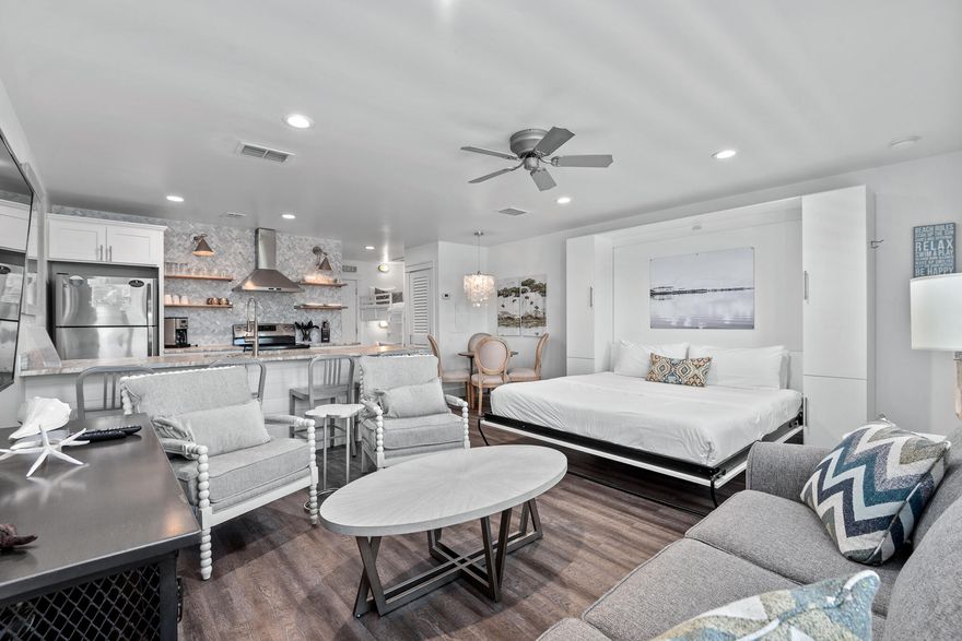 Welcome to Suite Y'all, an extraordinary value nestled in the heart of Seagrove Beach on Scenic Highway 30A in Hidden Beach Villas. Just moments from the pristine white sands and emerald waters of the Gulf of Mexico, this stunning studio condo offers the perfect blend of comfort, style, and convenience. This charming studio boasts designer coastal touches throughout with an open floor plan that maximizes space and light. The fully equipped kitchen features leathered quartzite countertops and stainless steel appliances, perfect for preparing delicious meals. Enjoy a spa-like experience in the luxurious bathroom with walk-in shower, complemented by high-end finishes.