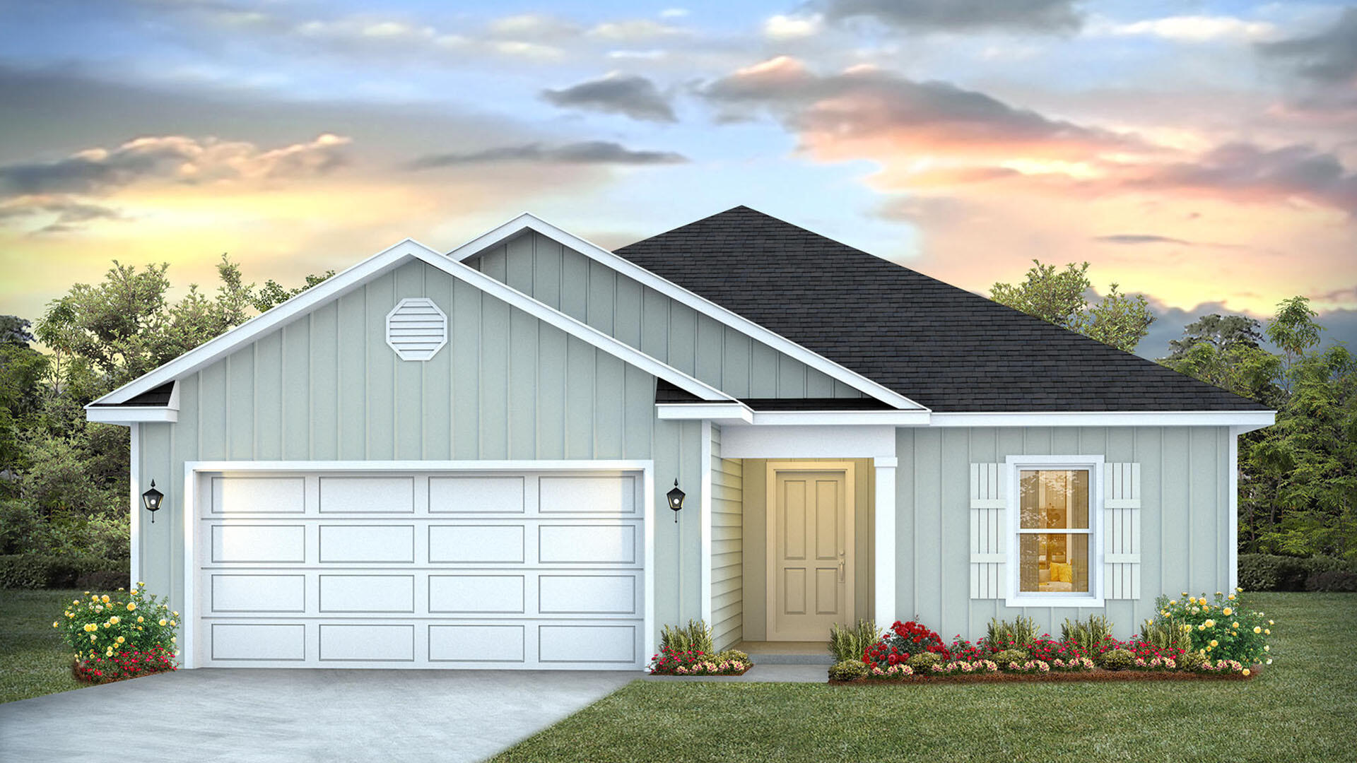 Welcome to 160 W Gray Owl Drive, a new home at Owl's Head Farms in Freeport, Florida. This home is currently under construction and features the Lismore floor plan. The foyer opens to a bright living space, with two secondary bedrooms and a full bathroom tucked off to one side. These rooms are perfectly sized for guests, children, or even a home office, with each offering plenty of closet space and easy access to the shared bath. This home featuring modern finishes and engineered Vinyl plank flooring throughout the home except for the bedrooms where you'll find plush carpet.