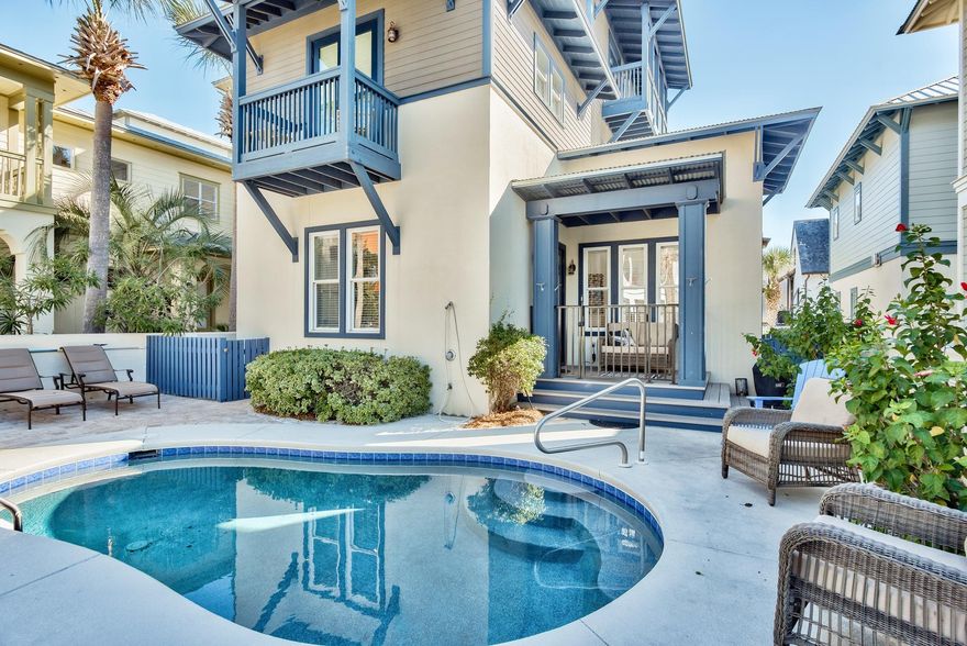 Situated just four tiers from the Gulf on the south side of 30A, in the gated community of Water's Edge, a prime location directly adjoining Rosemary Beach. Perfectly located to enjoy the shops and dining of Rosemary Beach. Great investment potential, this home is a high established rental income producer. This four bedroom, four bath home with private pool is the classic Florida cottage. Easy, private access to the beach is just a short stroll along a palm tree-lined path with no busy roads to cross. Upon entering the home, there are countless windows allowing the natural sunlight in wherever you gather to relax. The first level has an open floor plan with a kitchen, stainless steel appliances and granite countertops. The living room and dining area are also conventionally located on the first level along with a guest bedroom / bathroom.  The second level has a spacious master suite with a walk-in closet along with an owner's closet.  A second bedroom and bathroom are also on this level along with a laundry room equipped with a washer and dryer.  The third level is a perfect fourth bedroom and bathroom.  Step outside onto one of the balcony's to enjoy the Gulf views.