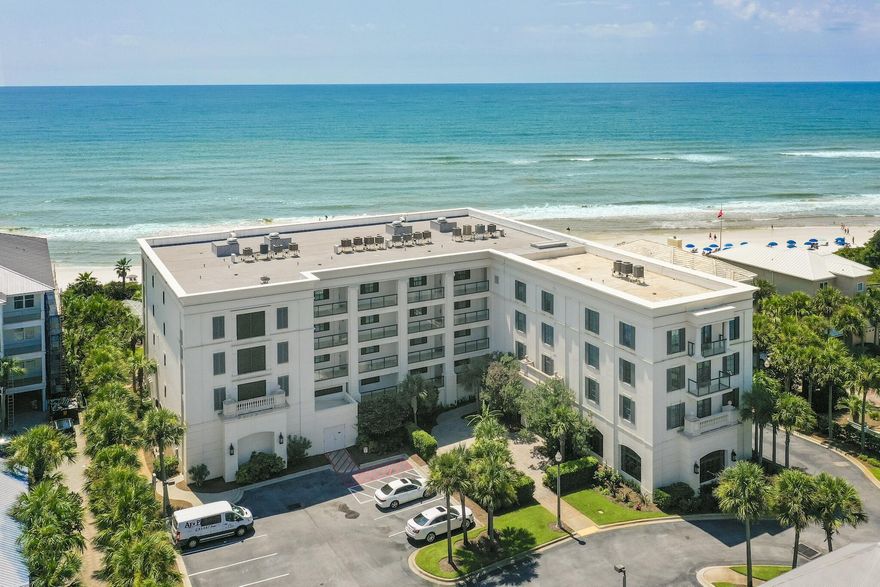 Coastal luxury at its finest in the highly sought after in Park Place a non rental building in the heart of Seagrove Beach. Residences in this building seldom come to market with the last sale being in 2018. 402 is a 4br 3.5 bath top floor east corner unit with endless views of the beaches of Seagrove. Features of this residence include private access by elevator, two master suites with private en suite offering floating granite top vanities, custom tile, custom cabinetry throughout, soaking tub, and walk-in showers. The kitchen is appointed with everything one expects in this price range with sub zero refrigerator, wet bar, Wolfe gas cooktop, and more. The master Suite has floor to ceiling windows overlooking the pool and beach with a direct entrance to the balcony. A dedicated covered