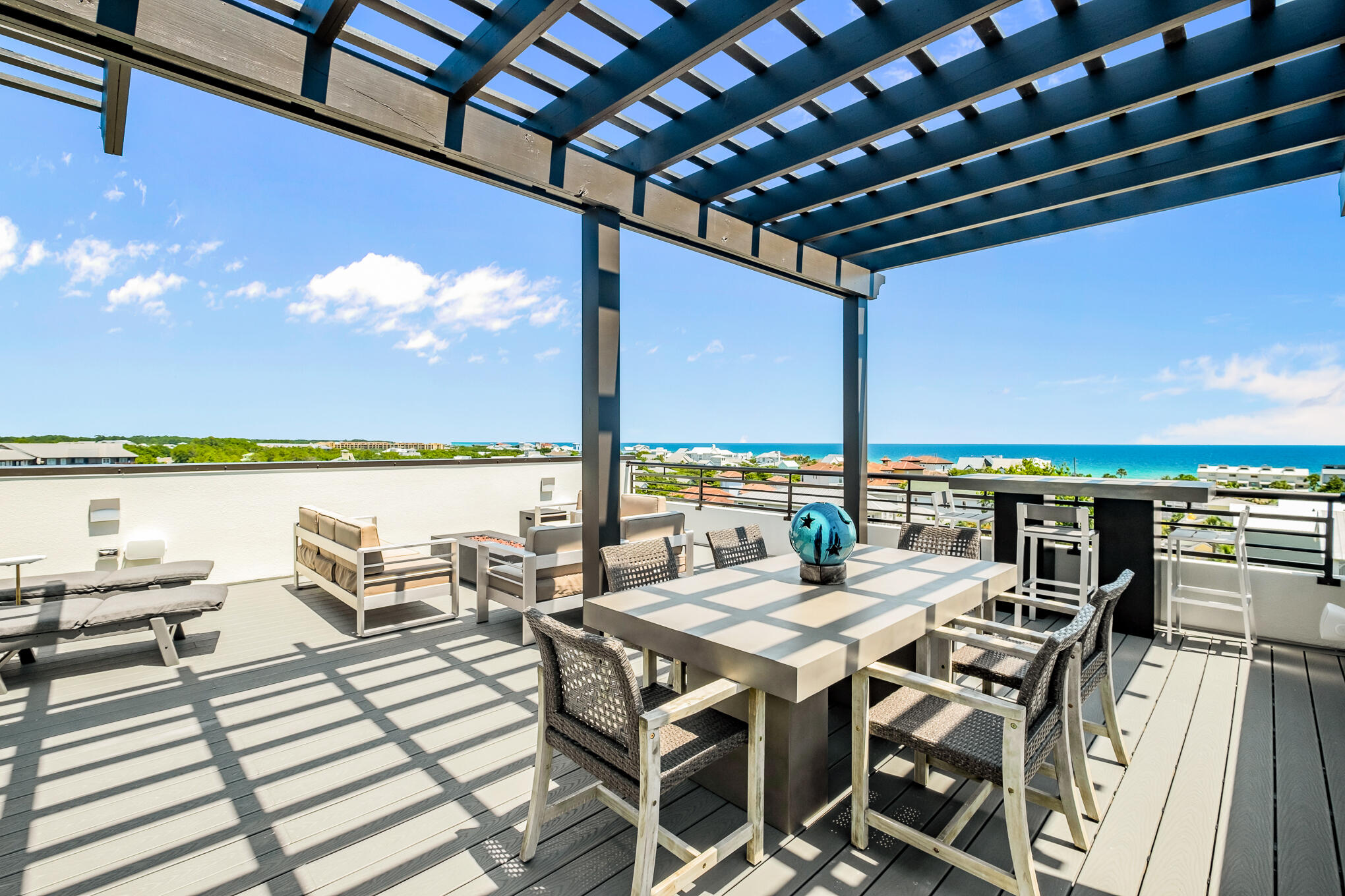 With sweeping views of the Gulf of Mexico from the Beaches of South Walton to Panama City Beach, this eastern end unit at THE CREST is simply breathtaking!  Arguably one of the highest and most panoramic views on Scenic Highway 30A, this home provides complete luxury and privacy in a gated community of nine residences.  Sold fully furnished with a few exclusions, this 3500 sq ft home boasts 5 bedrooms, 5 full baths, two half baths, two spacious living areas, 2 master bedrooms, and a private fenced backyard for family gatherings.  No detail was overlooked by the current owners.  The home has a private poolside cabana, golf cart garage, and golf cart. Enjoy the 40x60 heated community pool and hot tub after your day at the beach.  Call today to schedule your private showing of residence.