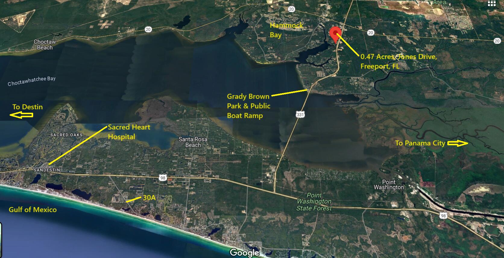 0.47 ACRES ON JONES DRIVE, FREEPORT, FL - AFFORDABLE FREEDOM NEAR THE COAST! Build your dream home or place a mobile home on this flexible homesite just 25 minutes from the beach and 10 minutes from Grady Brown Park, where you'll find a public boat ramp, beach area, and playground. Public water and sewer are available, and with no HOA and no build-out time restrictions, you can develop the property on your own timeline. The lot is located on a quiet, no-through street for added privacy, and while it will require fill to raise the elevation, the potential here is hard to beat. Enjoy a peaceful setting with quick access to the 331 bridge for easy trips to Santa Rosa Beach, the Gulf of Mexico, and all the dining, shopping, and amenities Freeport has to offer.