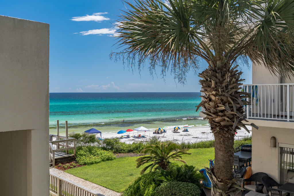 Must see the view! One bedroom, one bath condo in the heart of Seagrove Beach near shopping & restaurants in Seagrove & Seaside. This condo is on the second floor. Gulf side in a gulf front complex with a wonderful side view of the gulf from balcony and living room and 70 steps to the beach. New paint, new LVT flooring, ceramic tile in bathroom, brand new peninsula, Uba tuba granite, bunk beds in the hallway, newer ac, new hot water tank, newer roof. Age, room dimensions, square footage, and HOA details should be verified. Near bike rentals, fresh seafood market, beach set up available on private beach area for Beachside owners and guests.Gross income about 43K. Seagull painting not included.