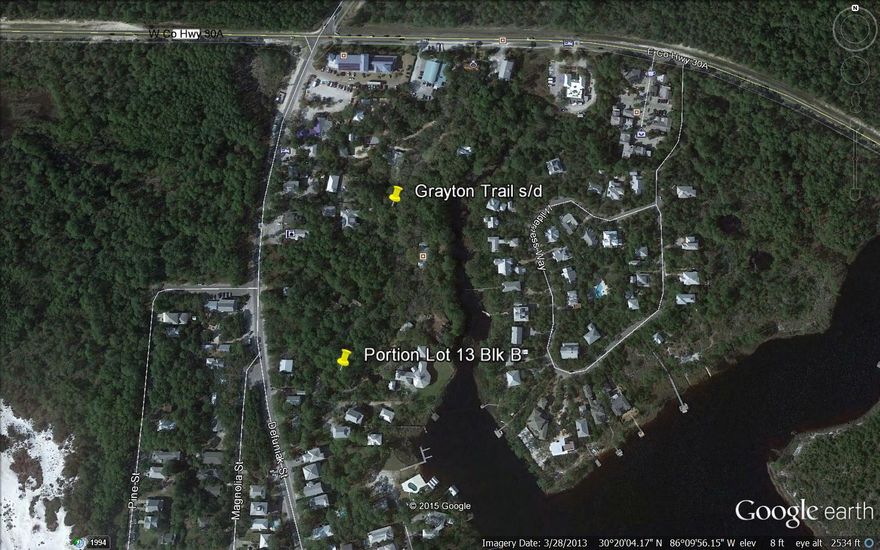 Beautiful, high & dry over 1/4 acre site heavily wooded with shade trees on private & secluded Grayton Trail. South of Scenic 30-A. Voluntary HOA. No strict architectural codes. County codes apply-3 story /40' height limit. Building setbacks =20' front/15'rear/7.5'sides. Minority portion rear of lot slightly impacted by CDLPZ. CBM does not apply. Appears to be Flood Zone 'AE-8', to be verified. Short distance to 2 Beach and 1 Western Lake Accesses. Beach in Grayton is State-owned and use is undisputed.