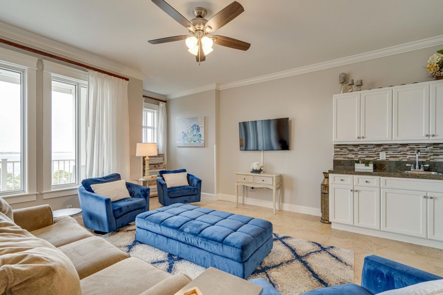 This 8th floor resort home with amazing bay views comes fully furnished and A-Rated on the Sandestin Rental Program. Take in the sunset from one of two master bedrooms. Each master has its own large bathroom with a soaking tub and separate shower. All three bedrooms feature updated wood-look tile floors. The Grand Sandestin welcomes you with gracious architecture and luxurious amenities including a fitness center, swimming pool, on-site check in, a concierge and valet parking, and Ballyhoo bar and lounge. Also enjoy being adjacent to the Village of Baytowne Wharf with lots of shopping, dining, and daily & nightly activities for the whole family.