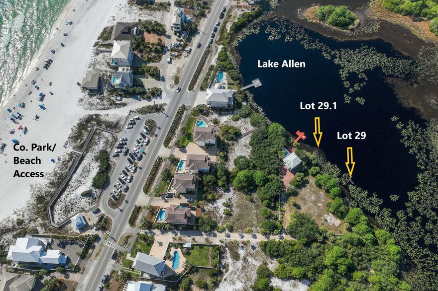 Rare Opportunity! Sizable Lot of Record on premier coastal dune Lake Allen. Private setting totaling .36 acres with 164' lake frontage on pristine natural sanctuary in Dune Allen Beach. Only +-128 yards via private driveway to Fort Panic County Park/Beach Access. No HOA-County code applies. Zoned 'Neighborhood Infill.' Future Land Use 'Residential.' CDLPZ setback 50' from shoreline; 4 story 50' height limit; all Flood zone 'X' except immediate shoreline. Main & Carriage Houses allowed. Existing Carriage House, pool & dock may be utilized with some modifications. Panoramic lake views with possible Gulf views from multi-story residence. Adjacent .48 acre lake front site also for sale.