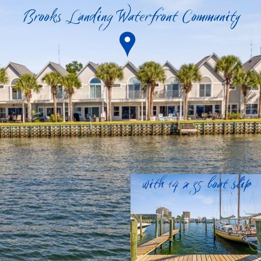 WATERFRONT HIDDEN GEM IN GATED COMMUNITY OF BROOKS LANDING! You will love this 2 bedroom - 2.5 bathroom - 2 story waterfront townhome complete with private garage and 14x35 boat slip! This spacious townhome is all about the views & tranquility. The first floor offers a large kitchen with island seating, dining area, 1/2 bath & huge living room overlooking the water. The 2nd floor offers two large bedrooms each with private bathrooms. The primary has a huge WIC & balcony overlooking the Santa Rosa Sound. The amenities include the use of two large swimming pools, gated entrance, & a huge marina that is perfect for fishing, launching your paddle boards or kayaks. Enjoy a relaxing lifestyle on Florida's Emerald Coast. These units RARELY come available, don't miss your chance at paradise!