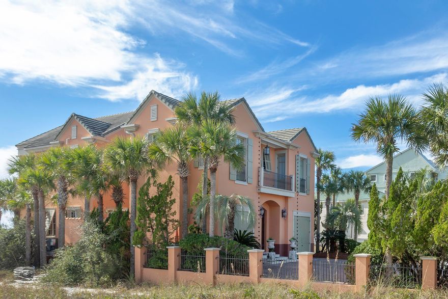 Prepare to be swept away by this French Caribbean inspired Gulf Front home designed by acclaimed architect, Tom Christ, and New Orleans Interior Designer, Patrick Dunne. 'Chez Fleur' was notably featured on HGTV's 'Homes Across America.' Timeless and beautiful details intrigue at every turn, from the soft colored textured plaster walls that reflect light at different times of the day to a gorgeous portico entry and circular vestibule leading to a light-filled hall with matching courtyards on either side. The gated entrance ensures privacy; antique reclaimed hardwood floors; and the wood staircase with cast bronze baluster ''wows.'' Two guest rooms-an an ensuite and bunkroom/media room are located at the front of the home, just off the vestibule. Gulf views draw you to the other side of the