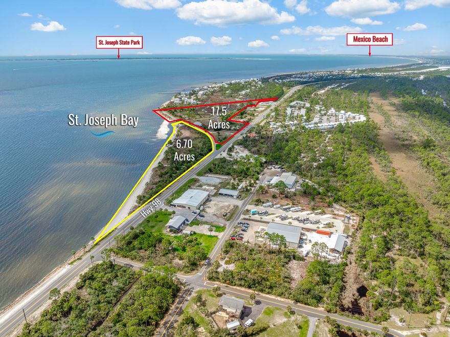Unlock the full potential of this Bayfront 6.7 acre development opportunity perfectly positioned between the thriving coastal towns of Mexico Beach and Port St. Joe. Spanning two parcels, this unique offering includes both Bay & Hwy 98 frontage components, creating an unmatched investment and development opportunity. 'Bayside at Port St. Joe' is a stunning 6.7-acre Bayfront tract featuring 14 planned residential lots--a rare chance to build in a highly desirable setting with approx 1230 feet of waterfront along St. Joe's Bay. Also Available, the entire 24.2 Acres, which includes an additional 17.5 acre PUD, a mixed-use commercial & residential project with frontage along Highway 98, a Bayfront 3-story, 30-unit condo building, a 100 room, 3-story Hotel, (See More) Listing the three opportunities separately.
1)The 6.7 Acre "Bayside at Port St Joe" Bay Front, 14 Residential Lots at $3,700,000
2) The 17.5 Acre Mixed Use PUD at $3,400,000
3) The 24.2 Acres, which encompasses both development opportunities at $6,900,000

With breathtaking Tidal Creeks, and gorgeous Salt Marsh, the opportunities for a premium destination are boundless.

The Approved 17.5 Acre PUD Highlights Include:
"Bayfront 3-story, 30-unit condominium building with parking and a 40'x40' pool
"Three-story, 100-room hotel with 3,000 sq ft restaurant and 2,000 sq ft of common space
"9,195 sq ft of additional retail, office, or restaurant space
"5,000 sq ft of supplementary commercial space
"Ideal for a mixed-use waterfront village, hospitality destination, or phased development

"PUD and conceptual site plans available upon request

"Located just minutes from white-sand beaches, world-class fishing, charming coastal communities, and a growing base of full-time residents and vacationers, this property is uniquely positioned for success in residential, commercial, and hospitality sectors. With entitlements in place and momentum building in Gulf County, the timing is perfect to bring this vision to life.
"Don't miss this rare opportunity to acquire a high-impact development site with entitlements, flexibility, and unmatched location.

Contact us today for supporting documents.

The Buyer to verify all information, including the dimensions and acreage. All information is reliable but not guaranteed.