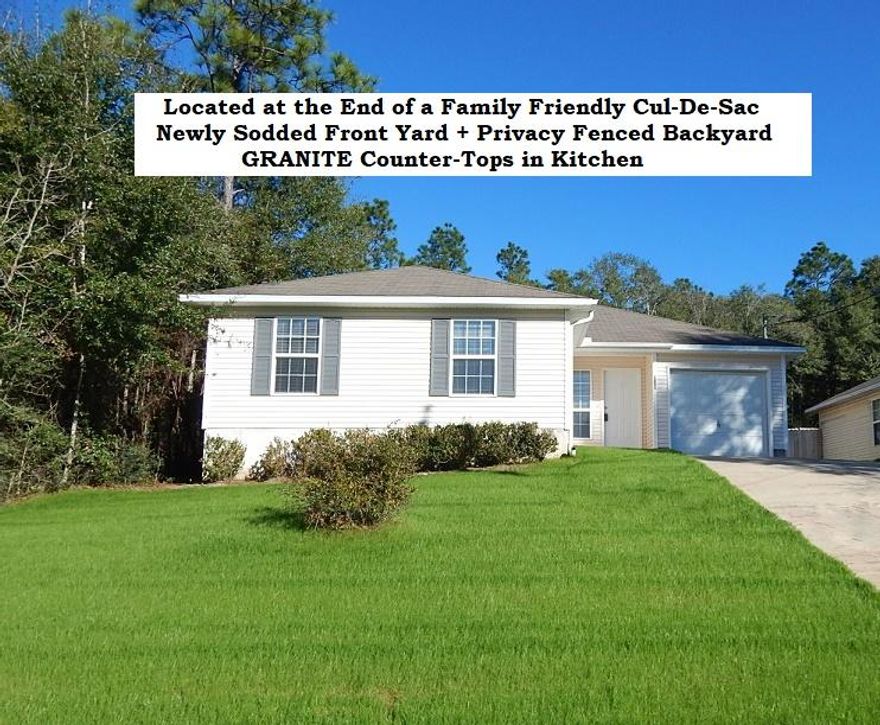 Family Friendly, Located at the END of a CUL-DE-SAC! GRANITE Counter-tops in the Kitchen, Privacy Fenced Backyard, Newly Sodded Front Yard, Attached Garage and More. Don't settle for an old home before you check out this 2005 built house. This 3 Bedroom with 2 Full Baths home has closets Galore. All Bedrooms have Walk-in Closets. All Appliances Included. Garage with Automatic opener to include a Car Remote. The Privacy Fenced Backyard has Double Gates and a Nice Patio for Grilling Out. There is a washer and dryer hookup. The house is low maintenance vinyl siding. Buyer to Verify Schools, Measurements, and anything of importance. Check Out ALL the Photos.