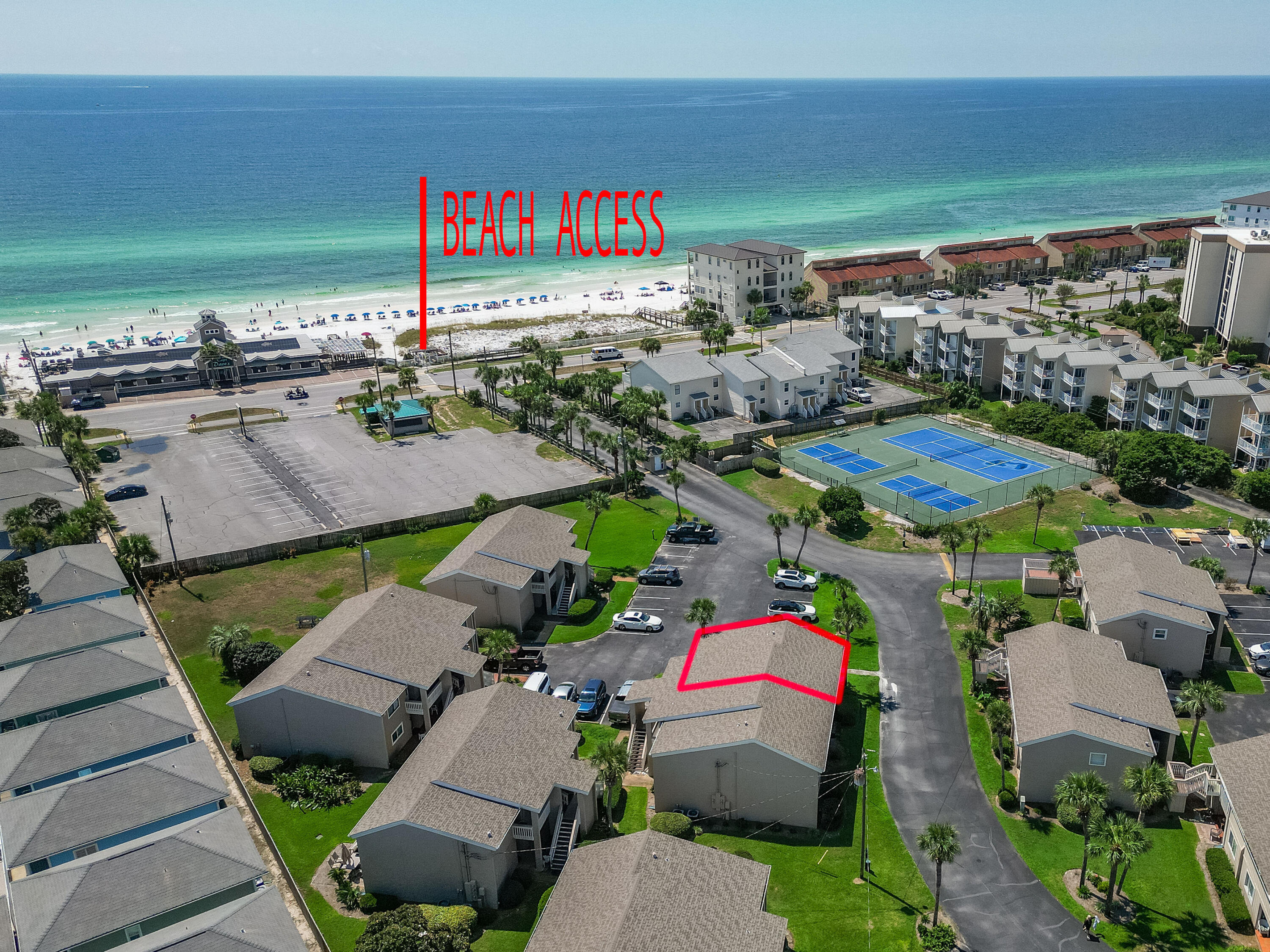 Hidden Gem! Sitting directly across the street from Destin's famous white sandbeaches, Chateau La Mer I community owns 215 feet of prime Destin waterfrontwith private gated beach access. This unit, 4D, is closer to the beach than anyother unit currently for sale. You can see the Gulf from the front porch of the unit.This roomy 2 Bedroom 2 Bath unit is being sold fully furnished and rental ready,or it would make a great second home. The amenities in Chateau La Mer include apool (heated during winter months), BBQ grills, pickle ball and tennis courts, and acommunity room. Located directly across the street from the CaptainDave's Restaurant and within walking distance of several other beach frontrestaurants, as well as being near great shopping, makes this unit a best buy. Unit includes a fully stocked kitchen, new full-sized washer and drier, new mattresses, and updated living room furnishings including a new queen-sized sleeper sofa. A guest closet is well stocked with beach chairs, toys, and umbrella.