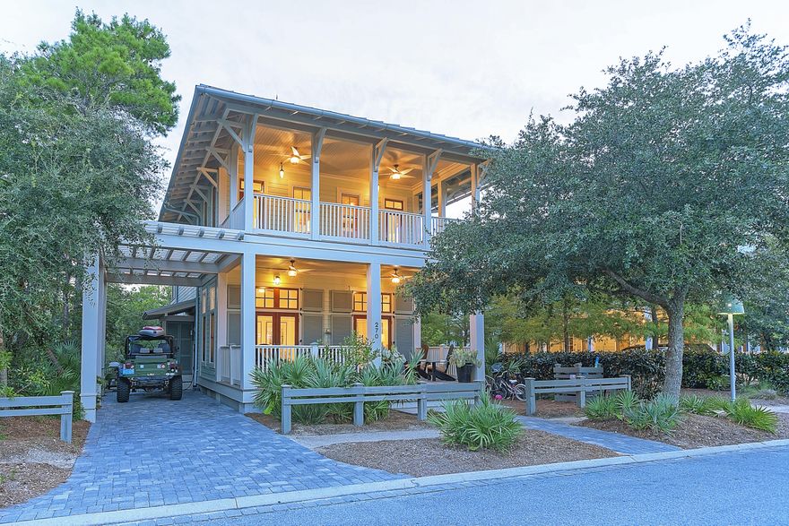 Lovely three bedroom beach cottage boasts one of the best locations in Watercolor! Upper and lower screened porches overlook one of Watercolor's most beautiful nature preserves. It is just a short walk to the tennis courts, pools, Camp Watercolor, Seaside, and nature trails with easy access in and out of Watercolor. Beach access to the Gulf is just a quick bike ride or walk as well. This beautiful home features four large porches: two open porches on the front and two screened on the back. The upper screened porch can be accessed from the spacious master bedroom with ensuite bath. Two other bedrooms, each with their own bath and front porch access complete the second floor. Walk up to the third floor crow's nest and enjoy expansive views of Watercolor and the nature preserve and