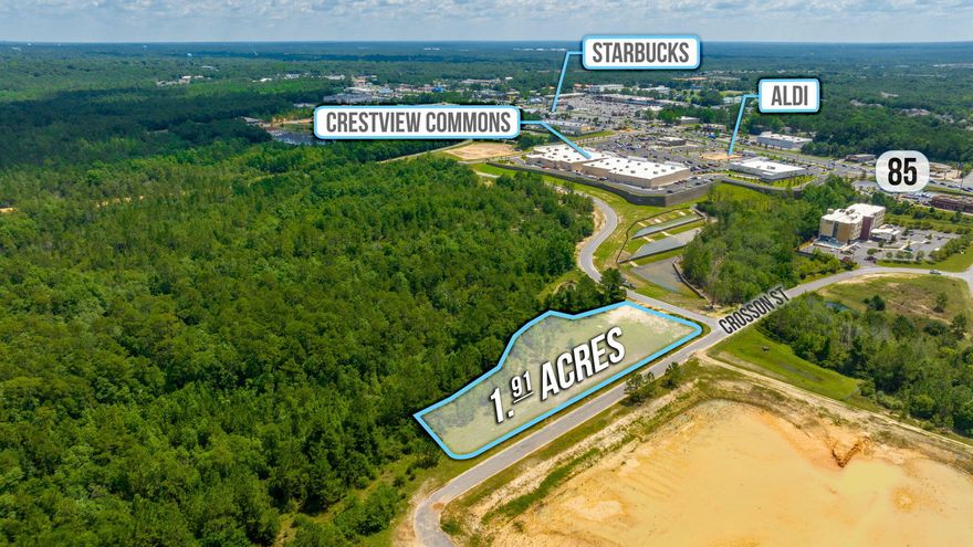 1.91 +/- acres of Prime Commercial Property. City zoned as Commercial low intensity (C2). Located I-10 and Hwy 85 just a short drive from the new development site the Crestview Commons, Aldi, Chili's, Ulta and surrounded by various major businesses with tons of traffic like Lowes, Walmart, Bealls Outlet, Hampton Inn, Fairfield Inn, Chick-fil-A, Applebees, Medical and so much more. The new City Connector road to I-10 and Old Bethel is under construction along with the I-10 exit ramp on PJ. Adams. Bring your business and building plans! The seller will have use restrictions and build out timeline. 288 apartment complex D/O approved and under construction next door.