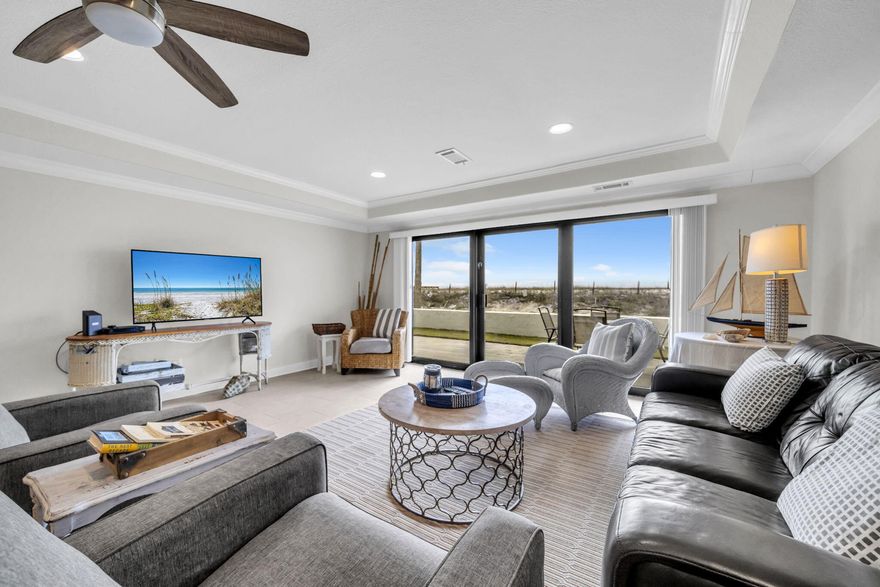 Updated ground-floor beachfront condo with a spacious private patio. Over 1500 sq. ft of Peace inside your condo and over 600 sq. ft of Paradise outside on your back patio. The condo is situated directly on the beach. Enjoy spectacular views of the emerald colored water from your very large and inviting patio or step directly onto the sugar sand beach from your condo. Newly remodeled kitchen with granite countertops. Custom tiled bathrooms that are sparkling clean to keep you comfortable and refreshed. Large spacious closets. Ground floor gulf facing end unit just steps from the beach.