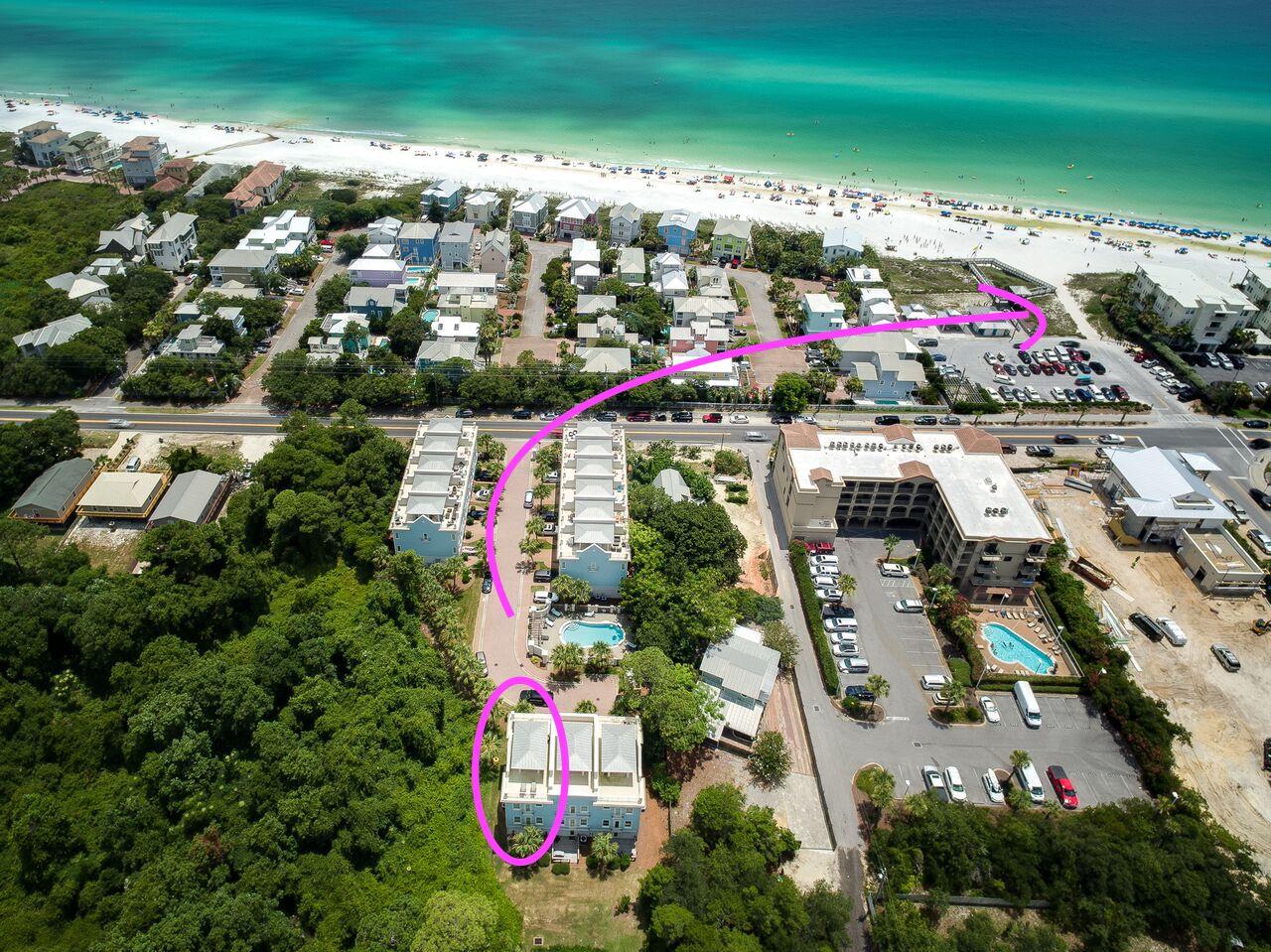 Prime location on 30A with great gulf views, easy stroll to the beach, dining and shops! Proven investment property in Summer Place is being offered fully furnished with a proven rental history. The town home is located one block from Gulf Place & Ed Walline public beach access. The property offers 4 large bedrooms, 4 full baths, hard wood flooring, travertine tile, and 10' ceilings with crown moulding. The private roof top has direct gulf views and is the perfect spot for morning coffee or a late afternoon sunset. Entire unit freshly painted and new kitchen backsplash.