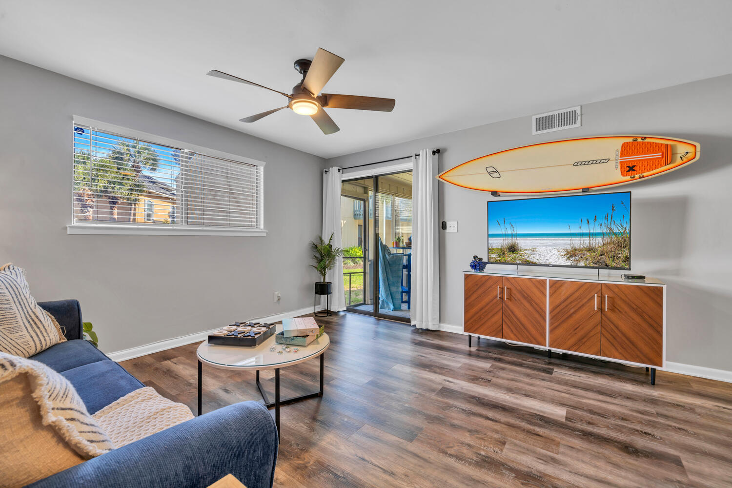 Welcome to 'Surf & Sea' at Chateau La Mer II! This updated 1st-floor condo is located off coveted Scenic Highway 98 and within a quick walk to the beach! It features newly installed luxury vinyl plank flooring throughout plus a beautifully renovated kitchen with new cabinets and sleek stone counters, screened porch, washer/dryer, owners closet, updated bathroom, and a brand new king memory foam mattress. This condo has added soundproofing in the ceiling, ensuring you won't hear any noise from the neighbors above. This beachy chic condo is ideal as a primary residence, a second home, or a vacation rental. Enjoy exclusive beach access, a tennis court, pickleball, playground, and a community pool at Chateau La Mer II! You can walk to all of your favorites like Captain Daves, Pompano Joes, and Kenny D's. You will love the large walking/biking path that stretches from end to end of Scenic 98. Chateau La Mer owns a HUGE section of beach with private coded access just for you and your guests. Golf cart rentals are allowed.