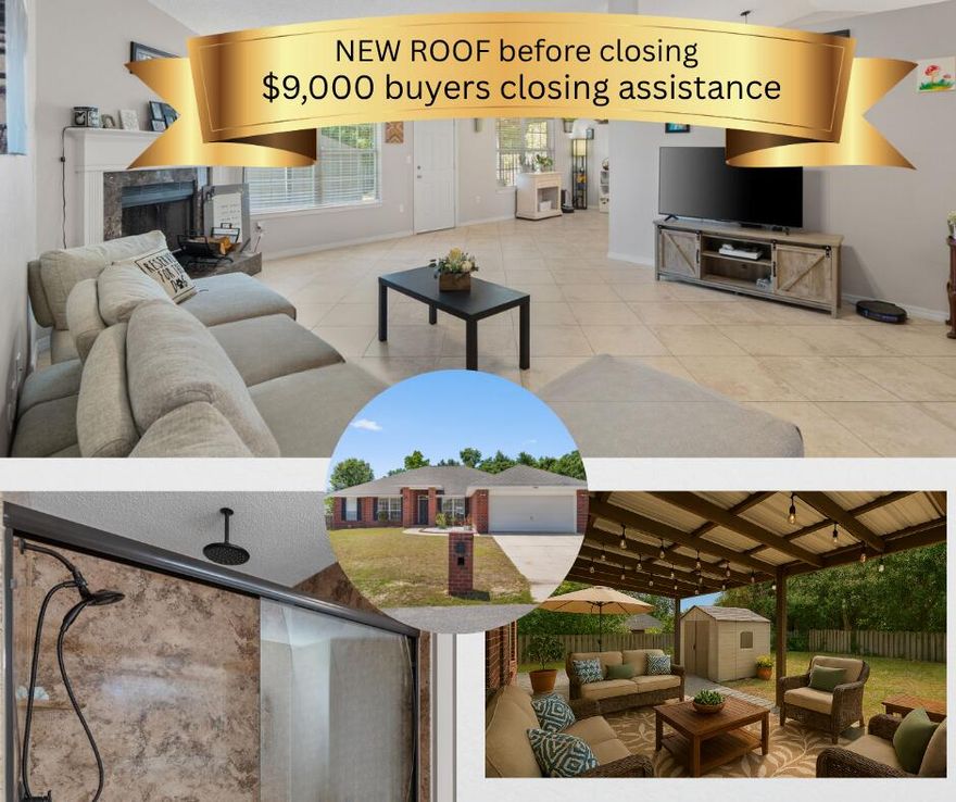 New roof before closing. Seller to contribute towards buyer closing costs or rate buy down. Welcome to this breathtaking split-floor-plan, with 4 bedrooms, plus a bonus flex room! From the moment you step inside, you're greeted by stunning 18-inch diagonally set tiles and elegant rich hand-scraped wood flooring. Retreat to the owners suite which  features ensuite bathroom with dual vanities, an oversized walk-in shower with LED lighting, two spacious walk-in closets, and even a separate linen closet for added convenience.The kitchen is a dream, offering expansive counter space, abundant cabinetry, and a sleek neutral tile backsplash.Convenience is key, this home is just minutes from HWY 90, HWY 10, and Interstate 85,  a quick commute to local military bases.