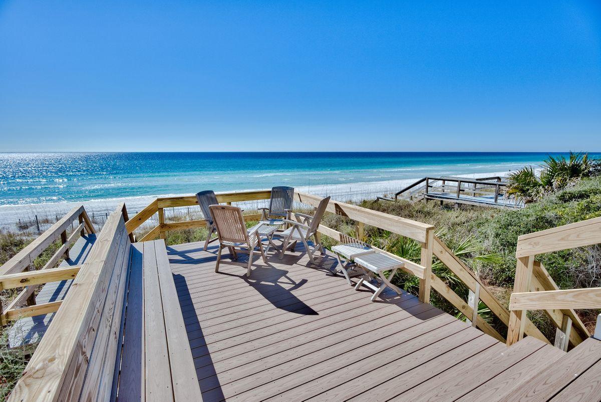 This amazing, gulf-front, four-bedroom home has just been renovated and is being sold furnished in Sunrise Beach along Scenic 30A in Blue Mountain Beach. This spectacular home is a great primary home, secondary, or rental investment and is ready to enjoy! The home also includes a two-car garage and plenty of storage on the ground floor with a full bathroom for easy trips in from your private beach walkover. One of the storage rooms on the ground level is heated and cooled as well. The second level has expansive gulf views from the kitchen, living room, and dining area. The kitchen has new Sub Zero and Wolf appliances as well as new cabinets and quartz countertops. Even the hardwood floors throughout the home have been refinished for an updated look.