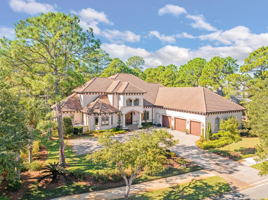 Located in the highly sought-after, privately gated community of Burnt Pine at Sandestin Resort, this custom-built Mediterranean-style estate offers a rare opportunity to own a home of such exceptional quality. This two-story home showcases the finest craftsmanship, with every detail carefully considered to create a perfect balance of luxury and practicality.  Key features include a gourmet kitchen equipped with Sub-Zero and Wolf appliances.  A spacious First-Floor Master Suite with separate his-and-her bathrooms along with an attached study, along with a second, ground floor bedroom complete the downstairs living area.  The home was completed in 2016 with high-end finishes throughout featuring rich heartwood cabinetry and elegant solid surface flooring showcasing the home's many features   The home boasts a private media room, two wet bars, an elevator, and a floor-to-attic cargo lift from the spacious three-car garage to the reinforced attic storage space. Enjoy year-round relaxation with a heated pool and spa, set within beautifully landscaped grounds. The stunning location on the Burnt Pine Golf Course completes the home and provides the owner with privacy and seclusion in a park-like setting. A dedicated well for lawn sprinklers ensures lush, green lawns all year round. Call today to schedule your private showing of this luxurious home.