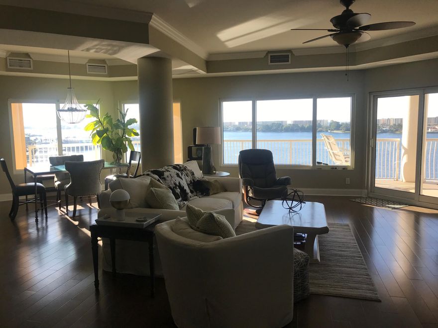 Exceptional End unit at the Presidio Yacht Club. Fabulous views of the Santa Rosa Sound and the Gulf of Mexico. This unit offers a breathtaking panoramic water view from the moment you step inside. The wrap around balcony is the perfect place for outdoor living. The Presidio is just minutes away from vibrant restaurants and shopping in downtown Fort Walton Beach.This 3 bedroom, 3 full-bath residence has upgrades including wood flooring in the dining room, living room and flows into the large master bedroom. The living room has a spectacular feature wall with a stacked-stone facade and an amazing (almost 7 ft long) electric fireplace with led lighting within.Only the end units have natural light from windows in all bedrooms and a dedicated laundry room.