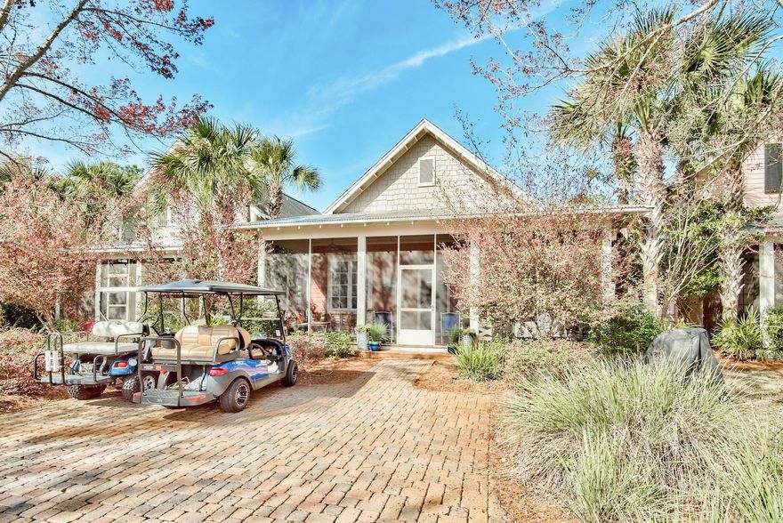 Charming single level 3 Bedroom Florida Cottage with over-sized screened porch for entertaining or relaxing. This home features crown molding, 10' ceilings, travertine and luxury vinyl flooring, granite counter tops, and stainless steel appliances in kitchen. Master bedroom offers an en suite bathroom with double vanity and separate shower. Perfect for your primary residence, second home, or vacation investment property. Bungalos owners and guests enjoy use of the neighborhood pool which also features a small putting green for fun after swimming.