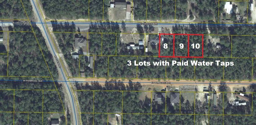 Great buy on 3 adjoining lots in growing Mossy Head area. Each lot is apx. 1/4 ac (80x125), each with paid water taps!  There is an existing slab on lot 8, where a home was to be built in apx. 2007 but never got past pouring the footers. Great opportunity for investor/builder or manufactured land/home package. You'll want to act fast on these lots priced appropriately for quick sale!
