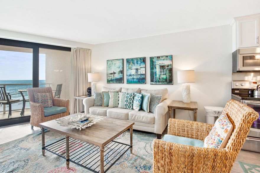 Stunning Westerly views of the white sandy beaches and sparkling emerald waters of The Gulf Of Mexico can be taken in from the private balcony of this 7th floor condo. Gorgeously renovated with a coastal chic vibe offering luxury vinyl flooring through out for easy care and maintenance. The fully equipped kitchen has stainless steel appliances, quartz counter top, and subway tile backsplash. The master bedroom has a king size bed, the guest bedroom has a full size bed, and the sleeper sofa is a queen size to accommodate extra guests. The full bath vanity also has a quartz counter top. An in-closet washer/dryer and owner's closet for personal storage complete the space. Beachside Two owners enjoy private deeded beach access, swimming pool, and BBQ grilling area.