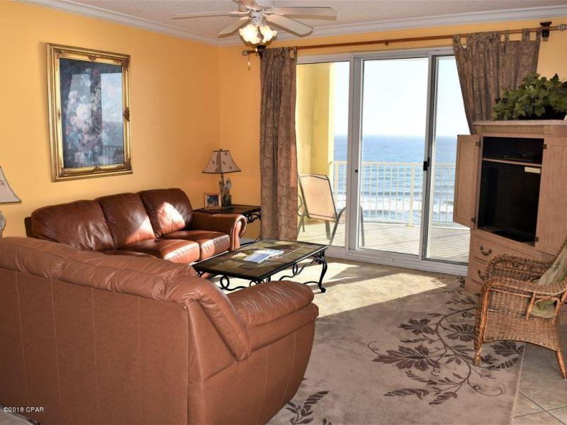 Corner unit! Perfect 8th floor elevation not to low, not too high! AWESOME Conveys fully furnished! Master bedroom is Gulf Front!!! Upgraded tile throughout! 100% turn-key and rental ready! This condo has some of the best views of the sugary white sands and emerald waters that Panama City Beach has to offer! The family room and master bedroom both open to your oversized balcony. This balcony measures 30 ft. by 10 ft. Outside storage room that will hold bicycles, fishing gear and your beach supplies. Excellent Rental Income potential! Twin Palms is a newer low density complex and the amenities include gulfside pool, two hot tubs, barbecue grills, pavilion, and steam/sauna/exercise rooms. Easy access to shopping, dining and attractions.