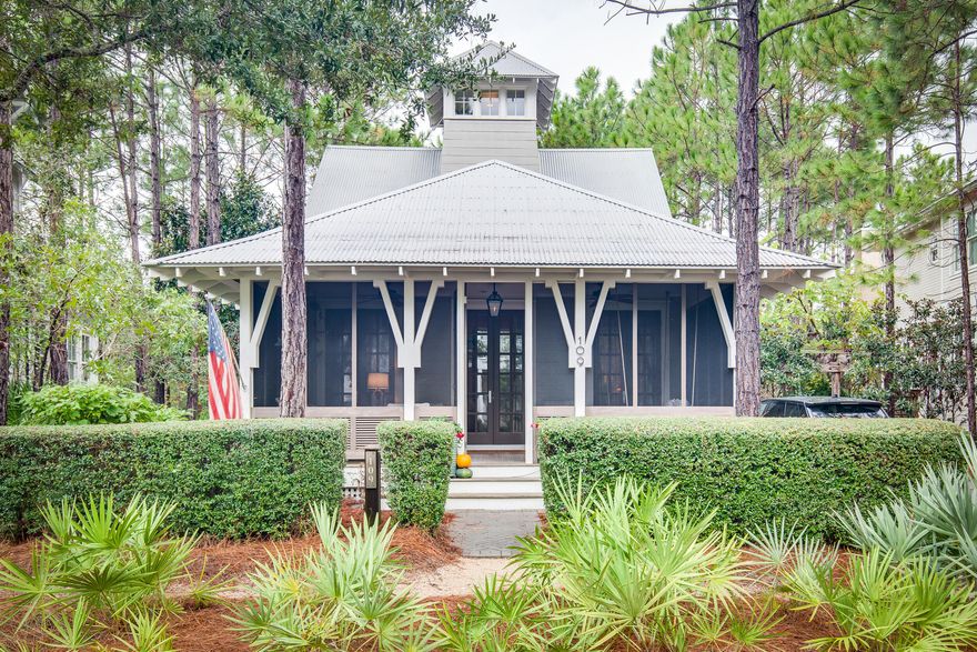 Charming beach cottage in the much sought after Sandy Creek section of Watercolor.  Interior Designer Cindy McCord from Memphis added her signature touches to this wonderful home. This home sits on a large lot with plenty of room to add a pool or carriage house.  The master bedroom, living, dining and kitchen are all located on the first floor which makes this an extremely functional primary or secondary home.  Some of the coveted features on the first floor include a cozy screened-in front porch, stunning quartz kitchen island and multiple areas for storage.  The master bedroom has walk in closets, a quaint sitting area and a spacious master bath with separate walk in shower.  Upstairs you will find two more bedrooms and each has its own private bath with shower and tub. This home also has a tower room which provides additional space for storage or anything else you see fit.  Step outside and find a great outdoor space with a paved barbecue and dining area, a fountain and an arbor built for hanging plants. There is ample parking for 3 cars. You will be just a short walk or bike ride to all the Watercolor amenities and beach of course.  This home has never been rented and is a must see! It is in a quiet location of Watercolor. Enjoy all that this location has to offer including all of the amenities of Western Lake, multiple community pools, tennis courts, Beach Club at Watercolor, shopping, restaurants and more!
Room dimensions should be verified by buyer. 
