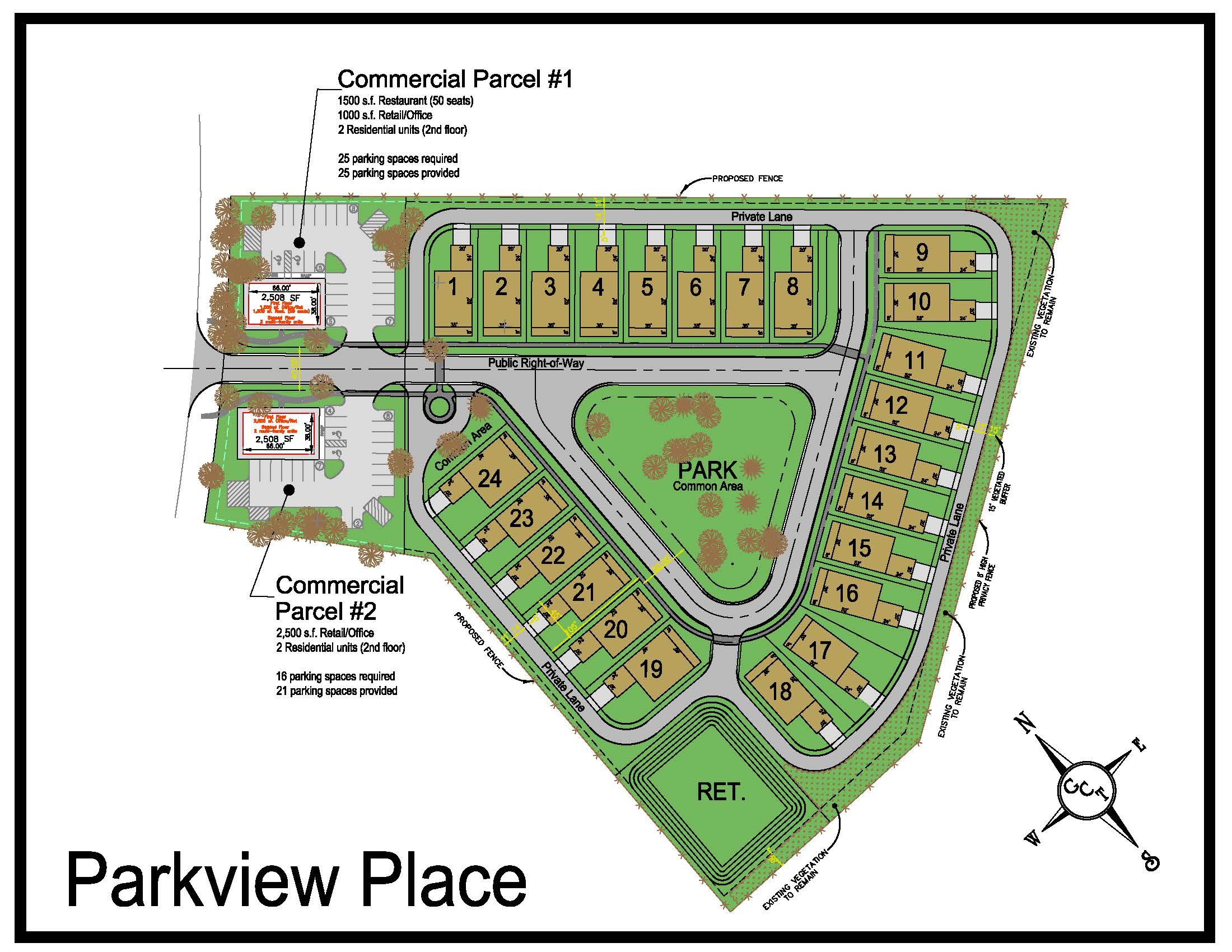 Two half-acre commercial parcels at the entrance to Parkview Place community on Highway 285 (Partin Drive). Attached diagram shows possible commercial site layouts. 8900 AADT. Ground lease rate is $49,000 per acre annually.